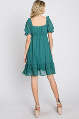 Teal Chiffon Puff Sleeve Ruffle Dress