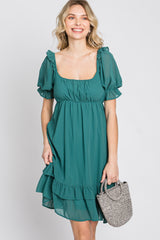 Teal Chiffon Puff Sleeve Ruffle Dress