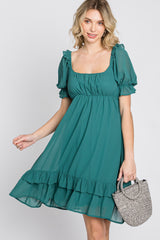 Teal Chiffon Puff Sleeve Ruffle Dress