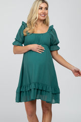 Teal Chiffon Puff Sleeve Ruffle Maternity Dress