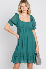 Teal Chiffon Puff Sleeve Ruffle Maternity Dress