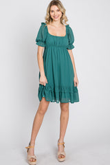 Teal Chiffon Puff Sleeve Ruffle Dress