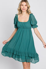 Teal Chiffon Puff Sleeve Ruffle Dress