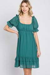 Teal Chiffon Puff Sleeve Ruffle Dress