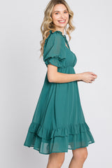 Teal Chiffon Puff Sleeve Ruffle Dress