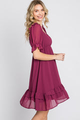 Magenta Chiffon Puff Sleeve Ruffle Dress