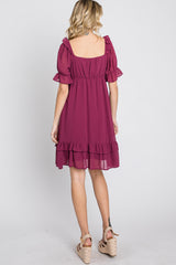 Magenta Chiffon Puff Sleeve Ruffle Dress