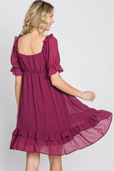 Magenta Chiffon Puff Sleeve Ruffle Dress