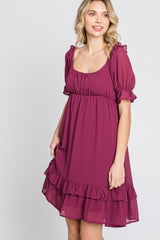 Magenta Chiffon Puff Sleeve Ruffle Dress