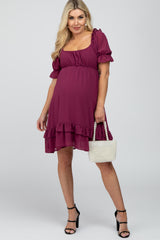 Magenta Chiffon Puff Sleeve Ruffle Maternity Dress