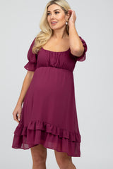 Magenta Chiffon Puff Sleeve Ruffle Maternity Dress