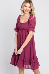 Magenta Chiffon Puff Sleeve Ruffle Dress