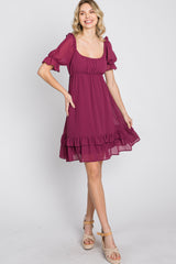 Magenta Chiffon Puff Sleeve Ruffle Dress