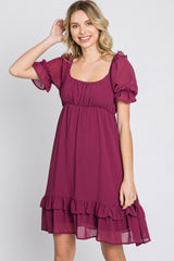 Magenta Chiffon Puff Sleeve Ruffle Dress