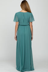 Teal Chiffon Short Sleeve Front Slit Maternity Maxi Dress