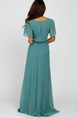 Teal Chiffon Short Sleeve Front Slit Maxi Dress