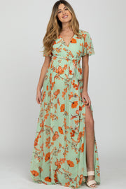 Mint Green Floral Chiffon Side Slit Maternity Maxi Dress