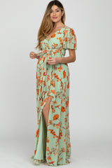 Mint Green Floral Chiffon Side Slit Maternity Maxi Dress