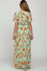 Mint Green Floral Chiffon Side Slit Maternity Maxi Dress