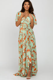 Mint Green Floral Chiffon Side Slit Maxi Dress