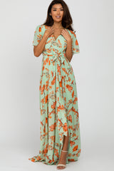 Mint Green Floral Chiffon Side Slit Maternity Maxi Dress