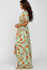 Mint Green Floral Chiffon Side Slit Maxi Dress