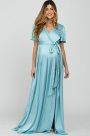 Light Blue Side Slit Satin Maternity Maxi Dress