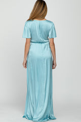 Light Blue Side Slit Satin Maternity Maxi Dress