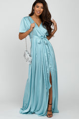 Light Blue Side Slit Satin Maternity Maxi Dress