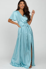 Light Blue Side Slit Satin Maxi Dress