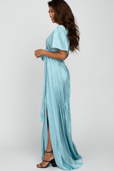 Light Blue Side Slit Satin Maxi Dress