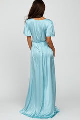 Light Blue Side Slit Satin Maxi Dress