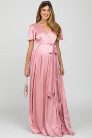 Pink Side Slit Satin Maternity Maxi Dress