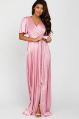 Pink Side Slit Satin Maxi Dress