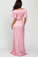 Pink Side Slit Satin Maxi Dress