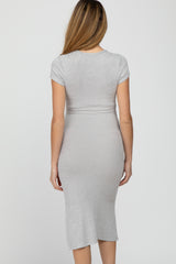 Grey Brushed Ribbed Maternity Midi Dress