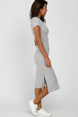 Grey Brushed Ribbed Midi Dress