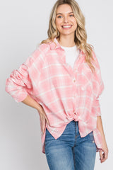 Pink Plaid Button Up Hi-Lo Top