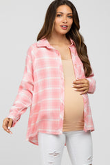 Pink Plaid Button Up Hi-Lo Maternity Top