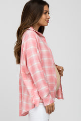 Pink Plaid Button Up Hi-Lo Maternity Top