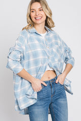 Light Blue Plaid Button Up Hi-Lo Top