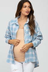 Light Blue Plaid Button Up Hi-Lo Maternity Top