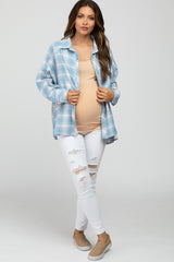 Light Blue Plaid Button Up Hi-Lo Maternity Top