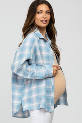 Light Blue Plaid Button Up Hi-Lo Maternity Top