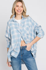 Light Blue Plaid Button Up Hi-Lo Maternity Top