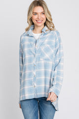 Light Blue Plaid Button Up Hi-Lo Top