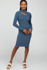 Blue Ribbed Front Cutout Maternity Dress