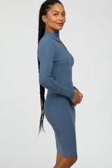 Blue Ribbed Front Cutout Dress