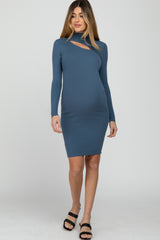 Blue Ribbed Front Cutout Maternity Dress