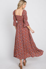 Red Floral Smocked 3/4 Sleeve Maxi Dress